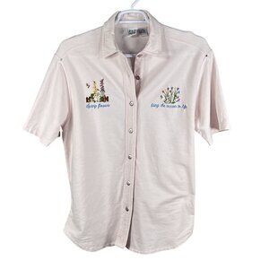 VTG Cotton P.S.I. 2XL Button-Up T-Shirt Embroidered Spring Flowers Easter Bunny